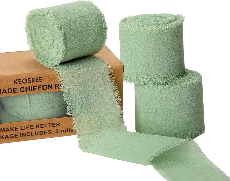 KEOSREE 3 Rolls Sage Green Handmade Chiffon Ribbon,1.5" x 21Yd Frayed Fringe Silk Ribbons (3 Rolls *7Yd) for Gifts Wrapping, Wedding Invitations, Bridal Bouquets, Decorations - Image 1